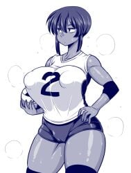 1girls amazon_(taitaitaira) big_breasts female huge_breasts large_breasts natsuki_(amazon) nipple_bulge original short_hair solo sweat tan_skin thick_thighs tomboy volleyball