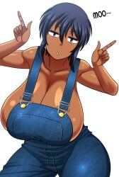 1girls amazon_(taitaitaira) bakunyuu big_breasts cleavage dark-skinned_female dark_skin english_text farmer farmgirl huge_breasts large_breasts naked_overalls natsuki_(amazon) no_bra original overalls short_hair solo tan_skin topless