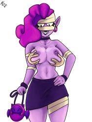 1girls 2d black_eyes brawl_stars breast_grab breasts disembodied_hand emz_(brawl_stars) female female_focus imminent_sex nipples purple-skinned_female purple_hair purple_skin smile smiling solo_focus white_background zelsxnn zombie zombie_girl