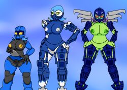 3girls big_breasts bionicle blue_hair breasts breathing_mask breathing_tube clitoris female female_only green_eyes green_skin hahli hahli_(mahri) lego looking_at_viewer machine mask masked masked_female matoran multiple_girls nipples nude nude_female purple_hair pussy red_eyes robot robot_girl short_hair shortstack size_comparison toa_hahli_inika toa_inika toa_mahri vagina white_skin wings yellow_eyes zaftero_(artist)