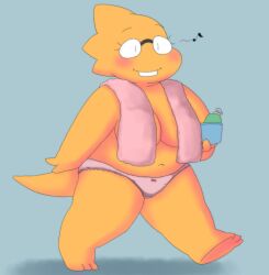 1girls 2d alphys alpi anthro aruput aruput_ut blush casual_nudity chubby covered_nipples female female_only glasses humanoid lizard_girl lizard_humanoid monster monster_girl panties solo tagme topless towel undertale undertale_(series) yellow_body