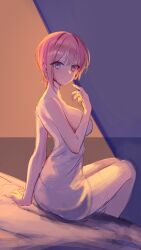 absurdres bed blue_background blue_eyes blush breasts cleavage eyebrows_visible_through_hair eyes_visible_through_hair female go-toubun_no_hanayome highres large_breasts legs looking_at_viewer nakano_ichika naked_towel on_bed short_hair simple_background sitting sitting_on_bed smile solo towel woodsbench yellow_background