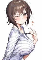 1girls ameyame big_breasts blush bob_cut breasts clothed clothes clothing cute female female_only girls_und_panzer heart huge_breasts human human_only humanoid large_breasts lipstick nishizumi_maho smiling_at_viewer solo solo_female striped_clothing tight_clothing winking_at_viewer