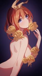 absurdres back blue_eyes breasts breasts_out cleavage completely_nude dark_background eyebrows_visible_through_hair female flower go-toubun_no_hanayome hair_ribbon highres large_breasts looking_at_viewer nakano_yotsuba nude orange_hair ribbon rose simple_background solo woodsbench