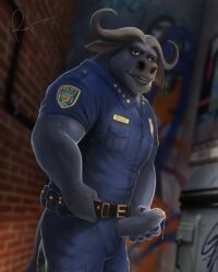 1boy alley anthro belt bovid bovine chief_bogo clothed clothing disney foreskin genitals hi_res humanoid_genitalia humanoid_penis male male_only mammal penis penis_through_fly poking_out police_uniform rov solo true_buffalo uniform water_buffalo zootopia