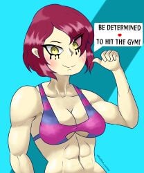 1girls 2d absurdres blue_background bra bra_only english_text eyeliner female female_frisk female_human female_only frisk hellish_spider human human_female human_only looking_at_viewer muscular muscular_female pointing_at_self short_hair solo solo_female text thumbs_up undertale undertale_(series) yellow_eyes