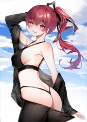 absurdres ass ass_cleavage black_bra black_panties blush bra breasts butt_crack clothes_pull female heterochromia highres hololive hololive_fantasy hololive_japan houshou_marine long_hair looking_at_viewer panties red_hair sideboob solo underwear virtual_youtuber yukineko1018