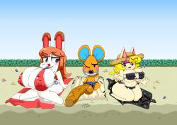 animal_crossing arm_behind_head balls beauty_mark big_balls bikini breasts feline female fur hat huge_breasts huge_cock limberg_(animal_crossing) lipstick male monique_(animal_crossing) mouse nintendo nipple_bulge one_eye_closed penis rabbit subjectdie_(artist) thick_thighs tiffany_(animal_crossing) video_games wide_hips