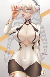 1girls bad_id bangs blue_eyes bodysuit braid breasts cleavage fellatio_gesture female hand_gesture hane_(15188414) highres honkai_(series) honkai_impact_3rd kiana_kaslana kiana_kaslana_(white_comet) large_breasts light-skinned_female light_skin long_hair looking_at_viewer nipple_tweak open_mouth saliva solo solo_female thick_thighs thighs twin_braids white_bodysuit white_hair