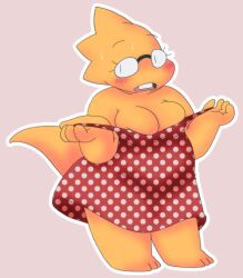 1girls 2020s 2022 2d alphys anthro anthro_only aruput aruput_ut big_breasts blush breasts chubby chubby_anthro chubby_female cleavage dress embarrassed female female_anthro female_only glasses humanoid lizard lizard_girl lizard_humanoid lizard_tail monster non-mammal_breasts pink_background polka_dot_clothing polka_dot_dress reptile reptile_girl reptile_tail scalie simple_background solo solo_anthro solo_female sundress sweat sweatdrop sweating tail undertale undertale_(series) undressing yellow_body yellow_skin