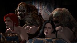 2girls 2monsters 3d bed bedroom black_hair dimples_of_venus ghoul_(the_witcher) looking_at_viewer looking_pleasured moaning monster pleasure_face pleasured prone_bone red_hair straight tagme the_witcher_(series) the_witcher_3:_wild_hunt triss_merigold whitetentaclesfm yennefer