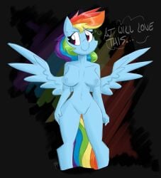 anthro anthrofied blue_body blue_feathers dialogue digital_media_(artwork) equid equine feathers flutterthrash friendship_is_magic hair hasbro hi_res looking_aside mammal multicolored_hair multicolored_tail my_little_pony nude pegasus pink_eyes rainbow rainbow_dash_(mlp) rainbow_hair rainbow_tail smile smirk spread_wings wings