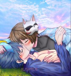 2boys ayon-cakra blue_hair blue_horn blue_sky blush brown_hair crying gay kissing kitsune_mask light-skinned_male light_skin mcyt nevingaming on_grass on_ground shirtless tight_clothing touching_breast viva_fantasy vx-fluffy-xv wholesome yaoi ytmci