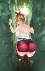 1girls :o absurdres ass atelier_(series) atelier_ryza back bare_shoulders belt big_ass big_breasts blouse blush boots breasts brown_eyes brown_gloves brown_hair cait clothing curvy day exposed_shoulders female female_only female_solo from_behind gloves hair_ornament hairclip hat headwear highres huge_ass huge_filesize large_breasts looking_at_viewer looking_back open_mouth outdoors paid_reward red_shorts reisalin_stout short_hair short_shorts shorts sideboob single_glove solo thigh_boots thigh_strap thighhighs thighs tight_clothes white_headwear wide_hips