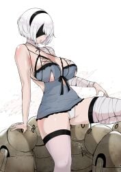 1girls android bandage big_breasts blindfold breasts busty curvaceous curvy curvy_body curvy_female curvy_figure curvy_hips female female_focus female_only huge_breasts kaine_(nier)_(cosplay) large_breasts legwear machine_lifeform nier:_automata puzenketsu robot robot_girl slim_waist solo solo_female thick_thighs thighhighs thighs voluptuous white_background white_hair wide_hips yorha_2b