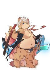 2022 anthro asian_clothing balls belly big_belly blue_eyes clothing east_asian_clothing fundoshi genitals hi_res humanoid_hands japanese_clothing kemono male mammal moobs navel one_eye_closed overweight overweight_male simple_background solo underwear weapon white_background yimingsama young