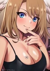 blue_eyes breast_tattoo brown_hair busty cleavage eunie_(xenoblade) huge_breasts namu_(112namu) selfie source_request wings_on_head xenoblade_(series) xenoblade_chronicles_3