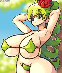 1girls armpits arms_behind_head big_breasts bursting_breasts busty child_bearing_hips confident dryad dryad_(terraria) female female_only green_eyes green_hair huge_breasts legs looking_at_viewer maebari navel smile solo steely_bird terraria thick_thighs thighs wide_hips