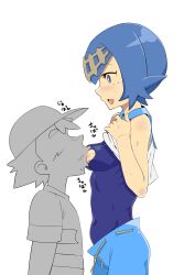 blue_eyes blue_hair blush breast_sucking breasts_out female hat lana_(pokemon) male mob_face nintendo non-english_text pokemon pokemon_sm satoshi_(pokemon) short_blue_hair swimsuit trial_captain white_background