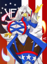 1girls 2022 anthro avian breasts chroma_(famwammer) cleavage eagle female female_only fireball_(famwammer) flag furry huge_breasts long_hair looking_at_viewer mastergodai muscular muscular_female skimpy solo thick_thighs voluptuous white_hair wide_hips