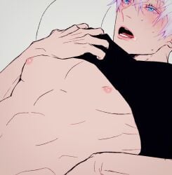 1boy ahe_gao ahoge bishonen blue_eyes blush bottom_male crying jujutsu_kaisen long_eyelashes male male_nipples male_only malesub muscular open_mouth pale-skinned_male pink_lips pink_nipples satoru_gojo shirt_lift shirt_up solo tears thick_eyelashes white_hair yaoi