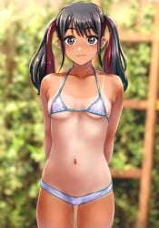 1girls :3 absurdres bikini black_eyes black_hair blurry blurry_background cute ear_piercing fringe goth highres kobamiso_(kobalt) multicolored_hair navel one-piece_tan pale-skinned_female petite piercing print_bikini red_hair schoolgirl smile solo sono_bisque_doll_wa_koi_wo_suru star_(symbol) star_print streaked_hair string_bikini sugaya_nowa swimsuit tan tanline teenager twintails two-tone_hair two_tone_hair young