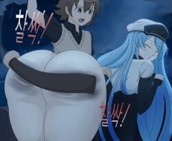 1boy 1girls akame_ga_kill! blue_eyes blue_hair blush bottomless brown_hair curvy esdeath_(akame_ga_kill!) green_eyes hi_res huge_breasts human long_hair long_sleeves military_hat military_uniform night outdoors outside parch spanked spanking tatsumi_(akame_ga_kill!)