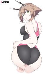 alternate_costume ass ass_focus back bent_over black_swimsuit breasts brown_hair butt_crack competition_swimsuit female flipped_hair green_eyes hairband headgear kantai_collection large_breasts looking_at_viewer looking_back multicolored_clothes multicolored_swimsuit mutsu_(kantai_collection) one-piece_swimsuit pink_swimsuit radio_antenna shigino_sohuzi short_hair solo swimsuit white_background