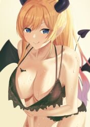 1girls 2022 :q big_breasts blonde_hair blue_eyes blush breasts demon_girl female female_focus female_only haro_(artist) haro_art hololive hololive_gen_2 hololive_japan horns long_hair looking_at_viewer pointy_ears solo solo_female succubus tail tattoo_on_breast tattoo_on_chest tongue tongue_out underwear virtual_youtuber water_drop wet wings youtube youtuber yuzuki_choco