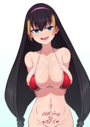 1girls bangs bare_shoulders bikini bikini_top black_hair blue_eyes blush body_writing breasts colored_tips eyebrows_visible_through_hair fangs female gradient_hair hair_between_eyes hair_ornament hairband hands_behind_back hi_res irokohaku large_breasts lessar_(to_aru_majutsu_no_index) long_hair looking_at_viewer midriff naughty_face navel nose_blush open_mouth pink_hairband shiny shiny_skin sidelocks simple_background skindentation smile smiling_at_viewer solo streaked_hair teenage_girl teenager teeth to_aru_majutsu_no_index upper_teeth white_jacket young