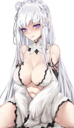 :q arms_around_hips bangs bare_shoulders belly_button big_breasts bikini biting_own_lip biting_own_tongue black_bow blush bow bra cleavage clothed covered_breasts detached_collar detached_sleeves elf elf_ears elf_female elf_girl emilia_(re:zero) eyebrows_visible_through_hair female female female_only french_braid hair_flower hair_ornament hands_covering_crotch hands_covering_pussy heart-shaped_pupils huge_breasts kilalesi large_breasts light_blush long_hair looking_at_viewer navel neckwear no_legwear open_eyes pleated_skirt pointy_ears pose posing purple_eyes re:zero_kara_hajimeru_isekai_seikatsu rose shoulder_pads silver_hair simple_background sitting skirt solo solo_female solo_focus spread_legs stomach symbol-shaped_pupils thick_thighs thighs tongue tongue_out white_bikini white_clothing white_flower white_hair x_hair_ornament