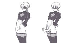 1boy 2022 balls big_penis bulge clothed clothing cosplay erection femboy huge_cock human leotard leotard_aside male male_focus male_only monochrome mostly_clothed nier nier:_automata penis penis_out protected_link solo standing tailbox yorha_9s