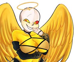 alternate_universe big_breasts big_wings blush breasts dream_sans dream_sans_(fan_character) dreamswap dreamswap_(undertale_fanfiction) dreamswap_sans dreamtale_au ds_dream_sans_(fan_character) ectobody ectobreasts fan_character feathered_wings halo heterochromia lai_niax red_eye rule_63 sans sans_au skeleton smile undertale undertale_au wings yellow_body yellow_eye yellow_wings