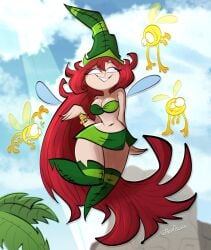 1girls background betilla_(rayman) cleavage fairy fairy_wings hat long_hair lum_(rayman) nymph_(rayman) rayman_(series) rayman_origins red_hair skirt sky smile