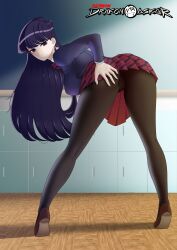 big_breasts big_butt blue_hair cameltoe class classroom drakonaskar fully_clothed high_heels komi-san_wa_komyushou_desu komi_shouko long_hair miniskirt pantyhose patreon presenting purple_eyes school_uniform schoolgirl skirt upskirt