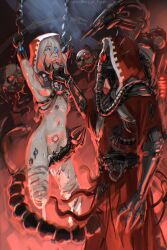 1girls 2022 adeptus_mechanicus amputee androgynous archon_of_flesh artist_signature bandaged_leg captured chains chaos_(warhammer) chin_grab damsel_in_distress dark_mechanicus harness hood imminent_rape imperium_of_man rape ryona servo-skull skitarii tagme techpriest tentacle warhammer_(franchise) warhammer_40k