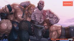 3boys abs aesir_(norse_mythology) bald bara clothed gay god_of_war kratos magni_(god_of_war) male male/male male_only modi_(god_of_war) muscular_male nipples partially_clothed thick_thighs yaoi zelolee