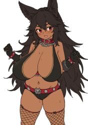 1girls alternate_breast_size animal_ears bangs bare_shoulders black_gloves black_hair blush breasts cerberus_(houtengeki) chains cleavage collar cowboy_shot dark-skinned_female dark_skin elbow_gloves female fishnet_legwear fishnets gloves hands_up highres houtengeki huge_breasts long_hair looking_at_viewer navel open_mouth original red_collar red_eyes simple_background standing thighhighs thighs white_background