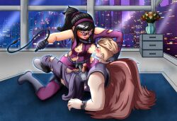 1boy 1girls avengers blush breast_sucking female femdom glasses hawkeye hawkeye_2099 human kate_bishop lactation light-skinned_female light_skin male male_penetrated marvel pegging ripped_clothing strap-on strap-on_over_clothes whip wings xray_view