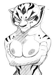 absurd_res anthro breasts bust_portrait crossed_arms dreamworks drpizzaboi1 felid female fur hi_res kung_fu_panda mammal master_tigress monochrome nipples pantherine portrait sketch solo striped_body striped_fur stripes tiger tiger_ears tiger_girl