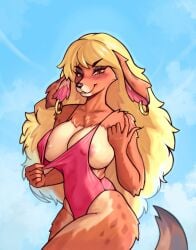 1girls 2021 absurd_res allanel anthro areola_slip big_breasts blonde_hair blush breasts brown_fur canine countershading dog_ears domestic_dog earrings female female_only fur furry furry_only inviting long_hair looking_at_viewer maple_(cyancapsule) narrowed_eyes nipple_bulge red_eyes smiling smiling_at_viewer solo solo_female swimsuit swimsuit_pull tail thick_thighs voluptuous