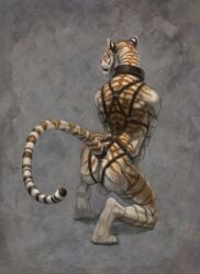 2021 anthro balls collar digitigrade felid genitals harness hibbary male mammal pantherine rear_view simple_background solo stripes tiger whiskers