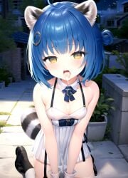 1girls ai_generated blue_hair cum cum_in_mouth cum_on_breasts endless_(idol_corp) idol-en idol_corp open_mouth poko_rakun raccoon_ears raccoon_girl raccoon_tail short_hair small_breasts stable_diffusion tongue_out virtual_youtuber vtuber yellow_eyes