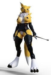 anthro bandai_namco bbdworks blue_eyes clothing digimon digimon_(species) dominatrix female gloves handwear hi_res humanoid latex latex_gloves latex_legwear lipstick makeup renamon riding_crop solo whip yellow_body