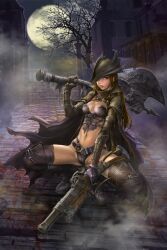 armor axe black_gloves black_legwear black_panties black_thighhighs bloodborne boots brown_hair cameltoe cape cleavage corset detailed_background female female_only fromsoftware gloves gun hat headwear hunter_(bloodborne) kuratch long_hair looking_at_viewer medium_breasts micro_shorts panties red_eyes revealing_clothes short_shorts solo spread_legs squatting thigh_boots thighhighs weapon