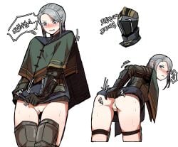 1girls armor ashen_one bar_censor bent_over black_gloves blue_eyes blush bottomless cape capelet clenched_teeth dark_souls dark_souls_3 embarrassed female female_focus female_knight fromsoftware gloves grey_hair innie_pussy knight korean_text looking_back looking_down no_panties ponytail pussy shaved_pussy sir_vilhelm sweat thigh_gap thigh_strap tied_hair