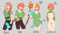 1girls abs alex_(minecraft) blush bottomless breasts cowboy_shot curtain_call_challenge female female_only female_pubic_hair green_eyes heart-shaped_pupils medium_breasts minecraft naked_shirt nipples orange_hair pants pickaxe pubic_hair shirt shirt_lift solo sweat void_dot_exe wide_hips