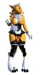 anthro bandai_namco bbdworks blush clothing collar digimon digimon_(species) digit_ring female hi_res humanoid jewelry latex_clothing latex_stockings maid_uniform renamon ring solo toe_ring uniform yellow_body