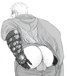 alfred_(bloodborne) anal_hair anus arms_behind_back ass_out backsack balls bare_ass bent_over big_ass bloodborne blush body_hair bubble_butt cloak embarrassed fromsoftware gloves hairy hairy_ass hamfoot1 hands_on_ass huge_ass looking_at_viewer looking_back male male_only monochrome pants_down partially_undressed presenting presenting_hindquarters solo uncensored