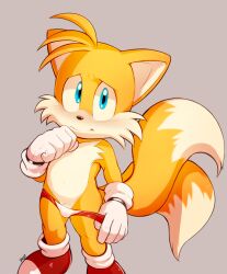 1boy artist_name blue_eyes boxers chest_tuft cub dandi fox gloves male male_only sega shoes shy solo sonic_(series) sonic_the_hedgehog_(series) tail tails tugging tugging_clothing two_tone_fur underwear video_games watermark white_fur yellow_fur